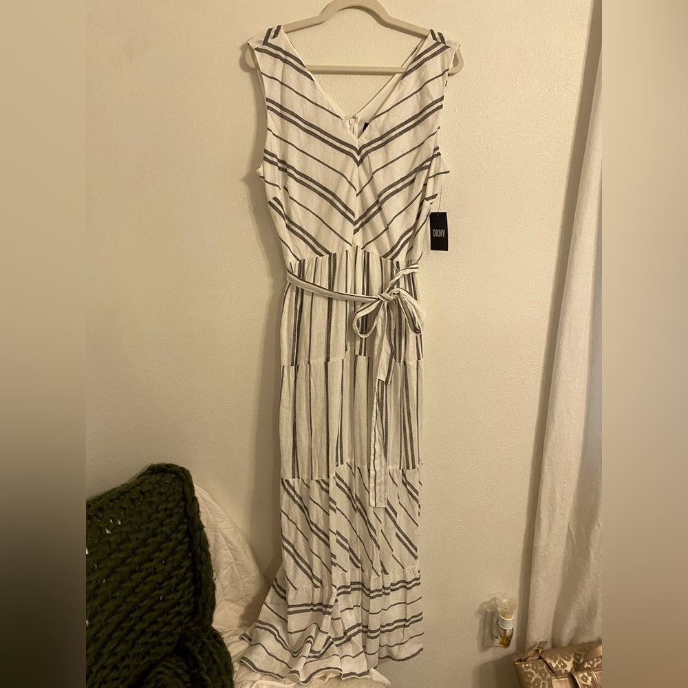 DKNY White and Black Tiered Ruffled Maxi Dress